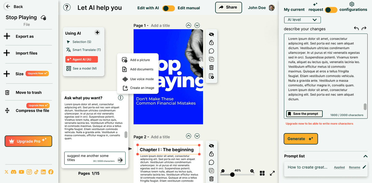 AI content creation interface dashboard